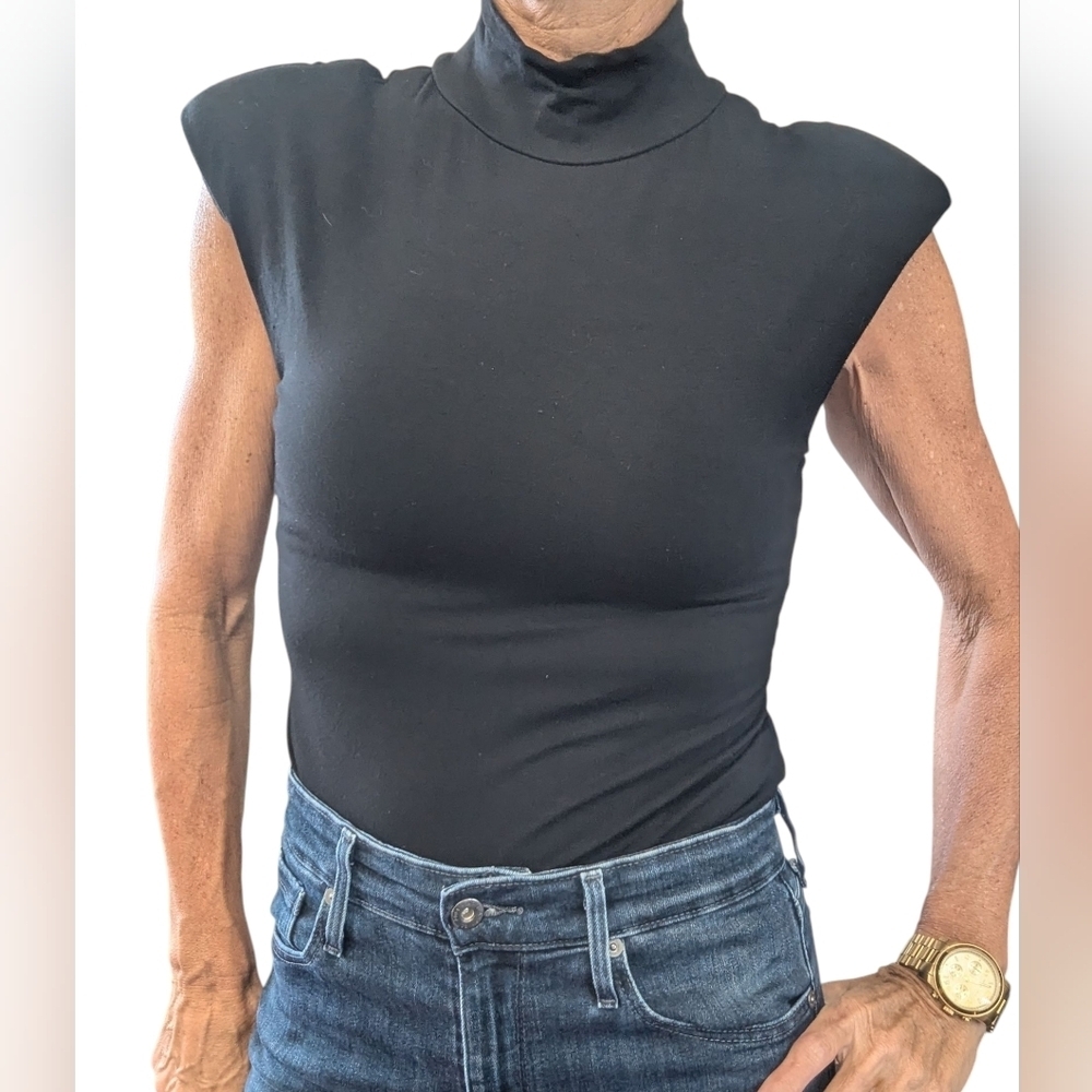 Good American Black Mock Neck Shoulder Pad Minimalist Bodysuit Sz 2 Cap Sleeve